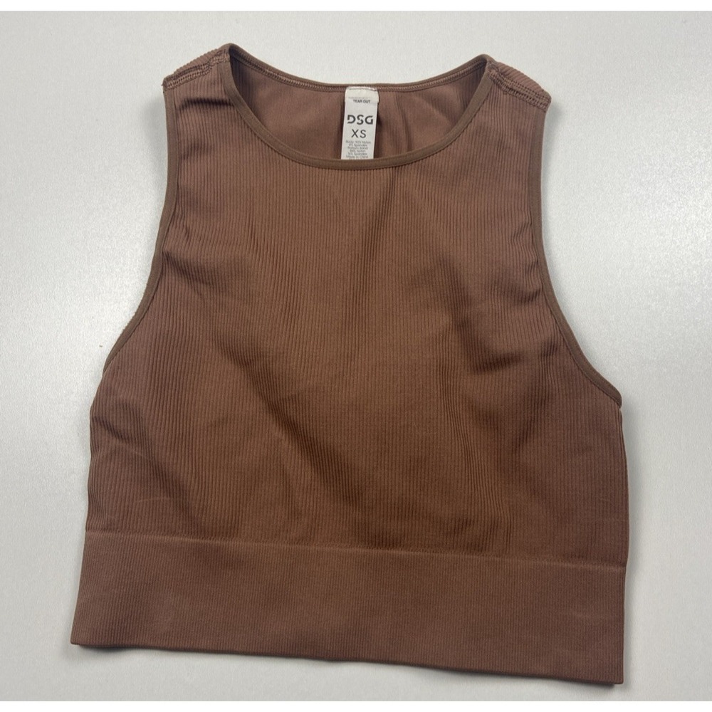DSG High Neck Ribbed Sports Bra XS Brown Unpadded Racerback Classic Athleisure